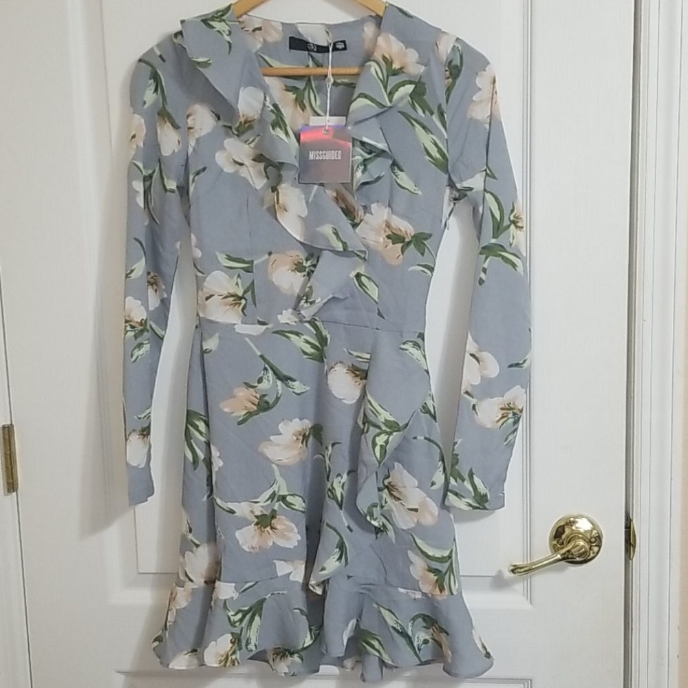 Misguided wrap front floral ruffle tea dress NWT